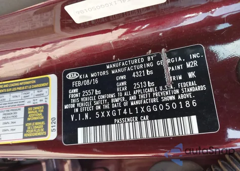 2016 Kia Optima Lx Turbo из США, поврежденный, VIN 5XXGT4L1XGG050186